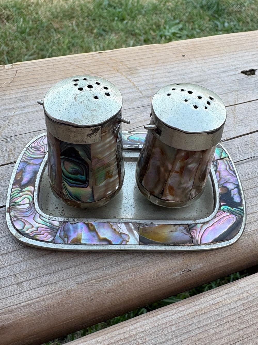 Abalone Inlaid Salt and Pepper Shakers with Tray ALPACA MEXICO